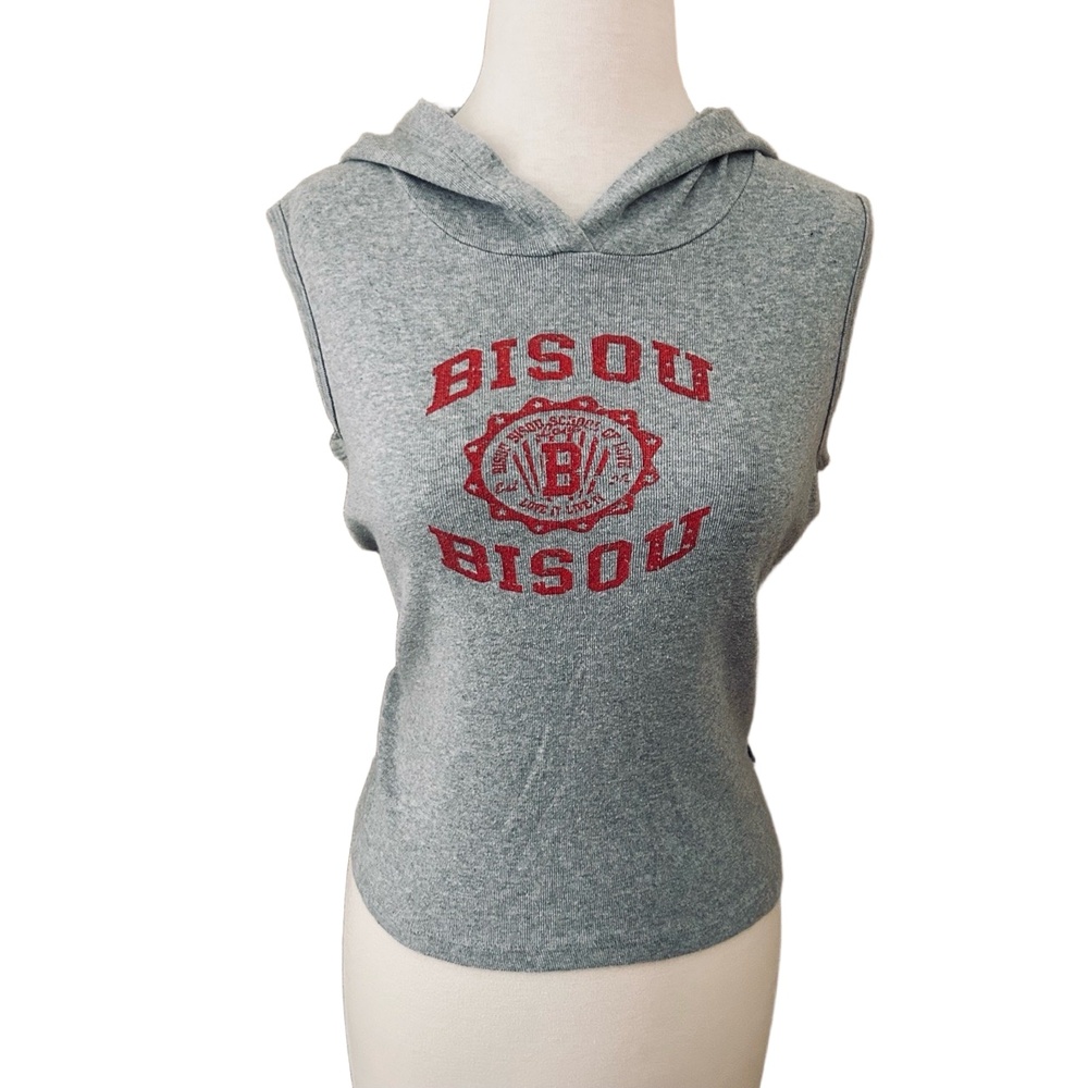Vintage Y2K Bisou Bisou Sport Hooded Tank Top Gray Red Lettering Women’s Large